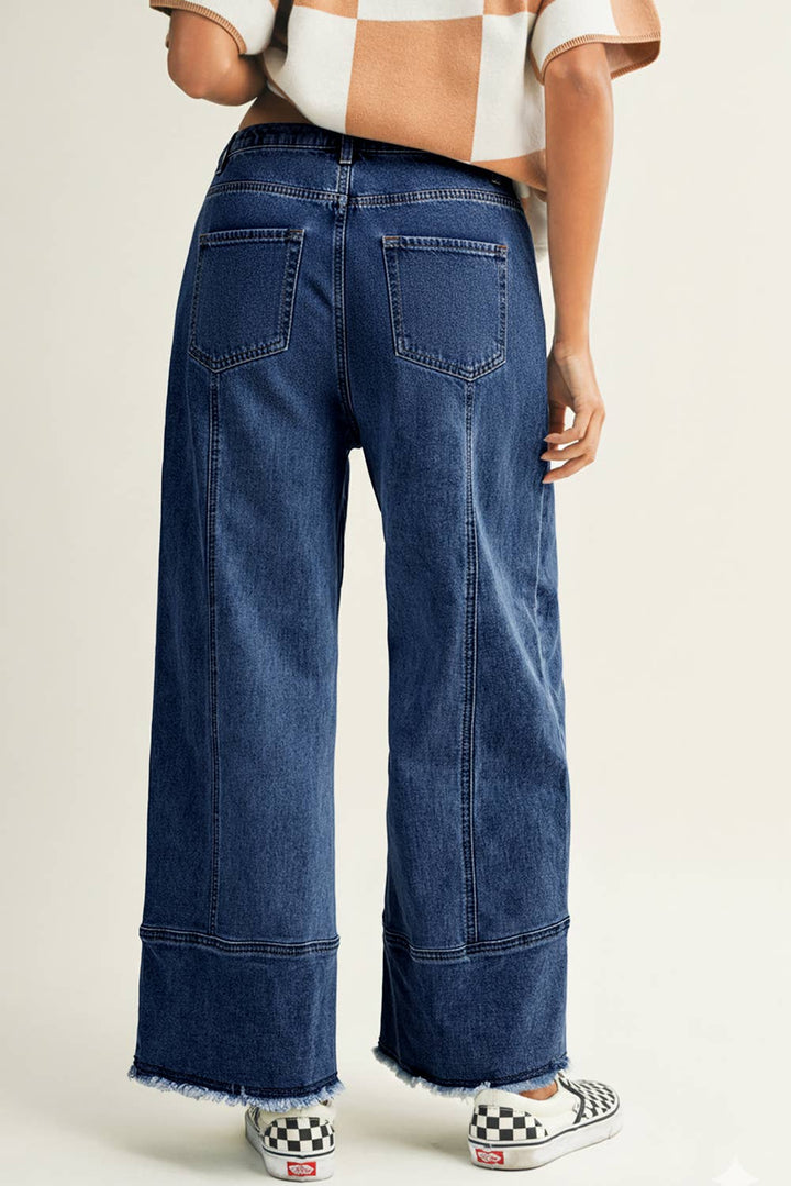 Drawstring Seam Detail Raw Hem Wide Leg Denim Pants: Beau Blue / 10