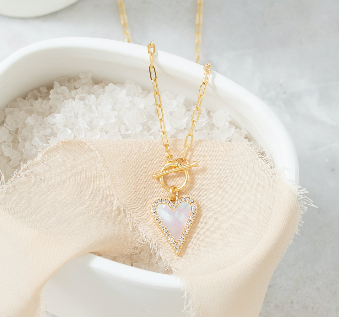 Splendid Iris - Mother of Pearl Pave Heart Toggle Necklace