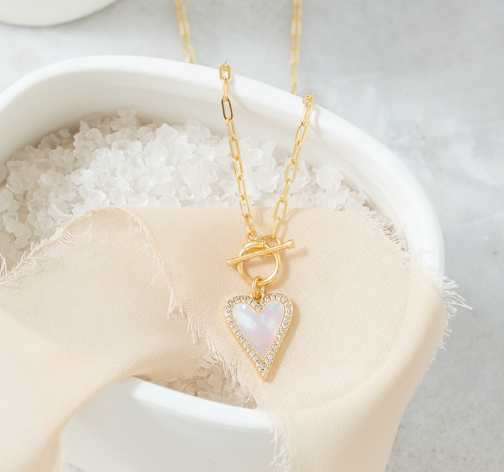 Splendid Iris - Mother of Pearl Pave Heart Toggle Necklace