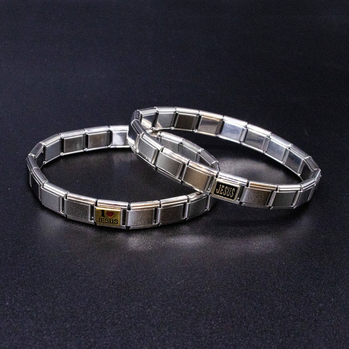 Natalia - Italian Bracelet Charms - "JESUS" (Black & Gold) Religious 9mm Links