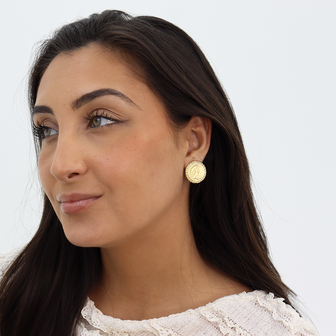 KARINE SULTAN - Old World Coin Stud Earrings - 24K Gold Plated