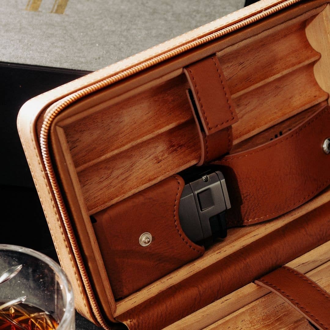 Fluid And Fire - Regis 6-Slot Leather Travel Case – Cutter, Torch & Humidity Chamber: Maroon Case + Torch Lighter With Built-in Cutter