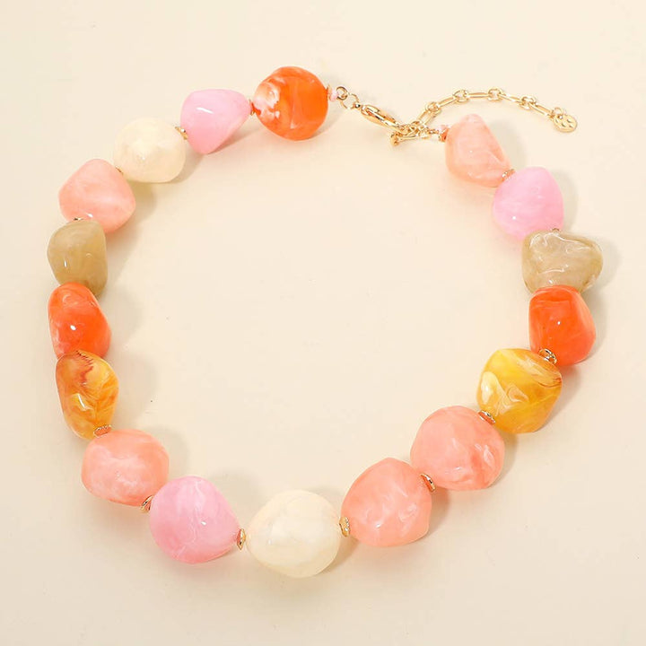 Sensibling Corp. - Chunky Marbled Resin Pebble Beaded Statement Necklace: Pink