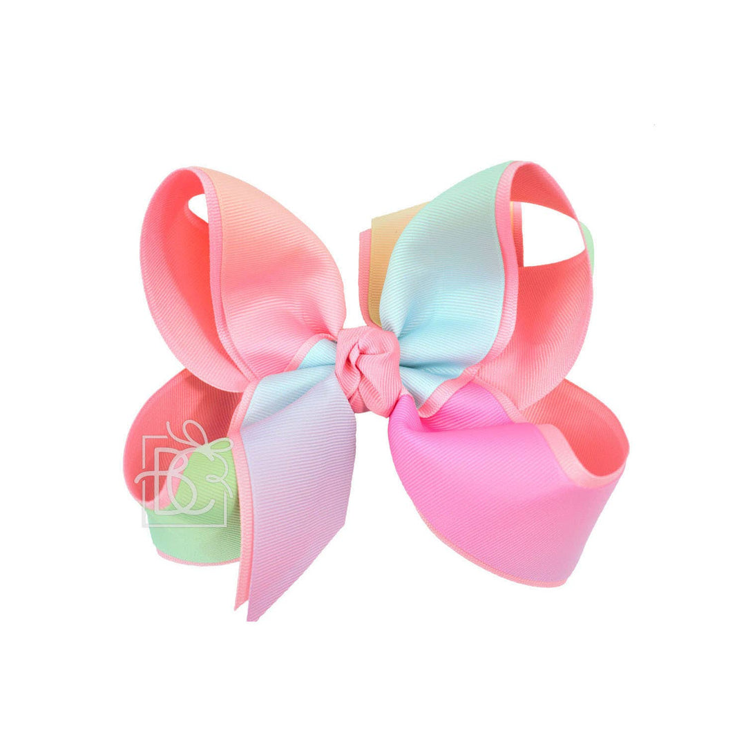 Beyond Creations, LLC - LAYERED RAINBOW BOW ON CLIP: 4" Med/Lg - 7/8" & 7/8" Ribbon on Alligator Clip / SHELL PINK/RAINBOW
