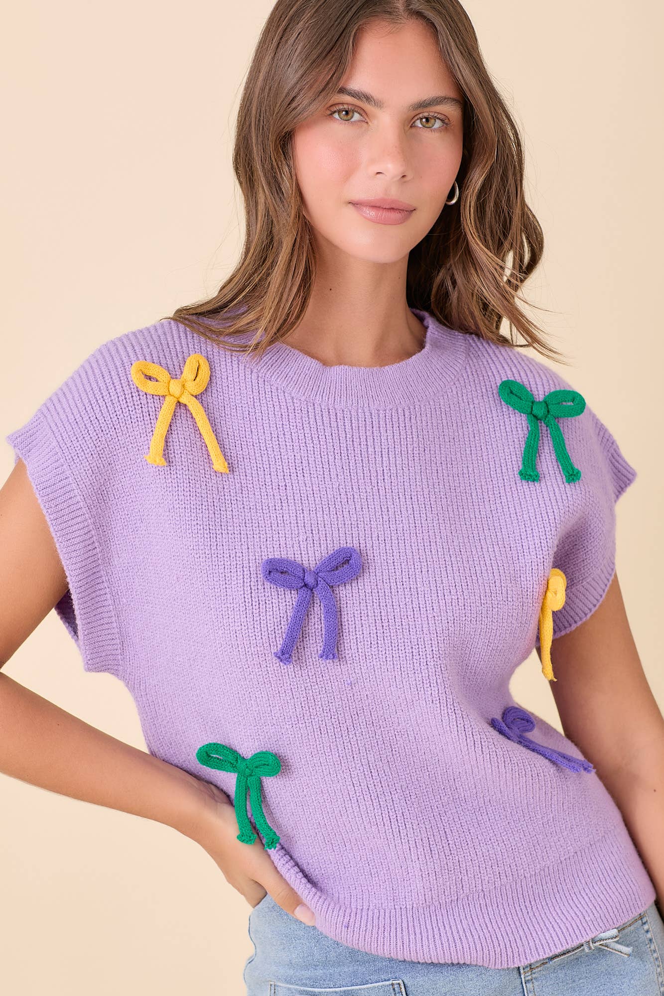 Main Strip - Mardi Gras Ribbon Bow Knit Top: PURPLE / S – The Oaks