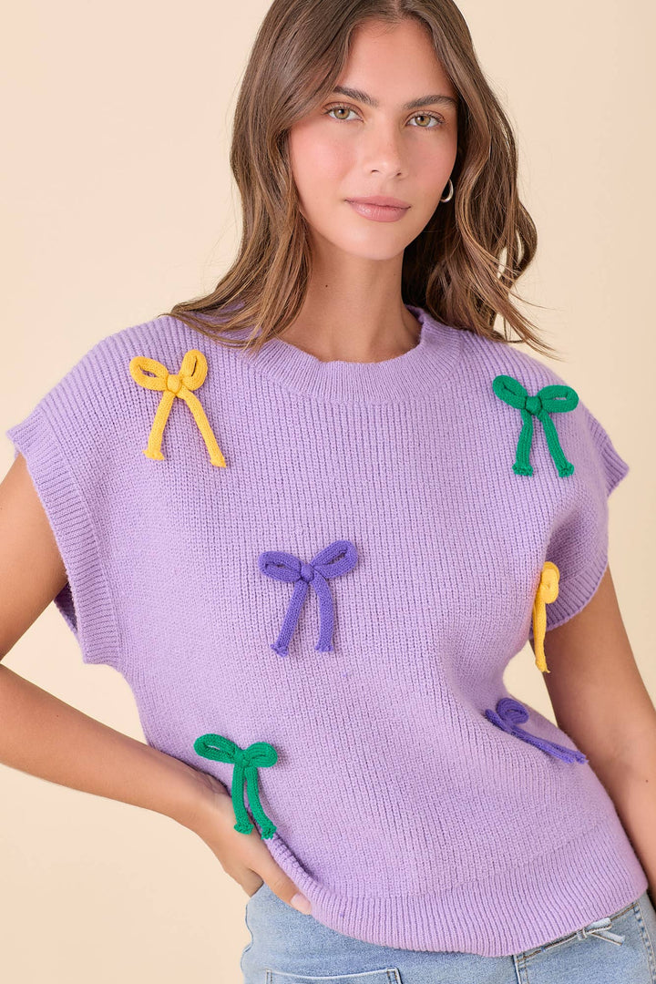 Main Strip - Mardi Gras Ribbon Bow Knit Top: PURPLE / L