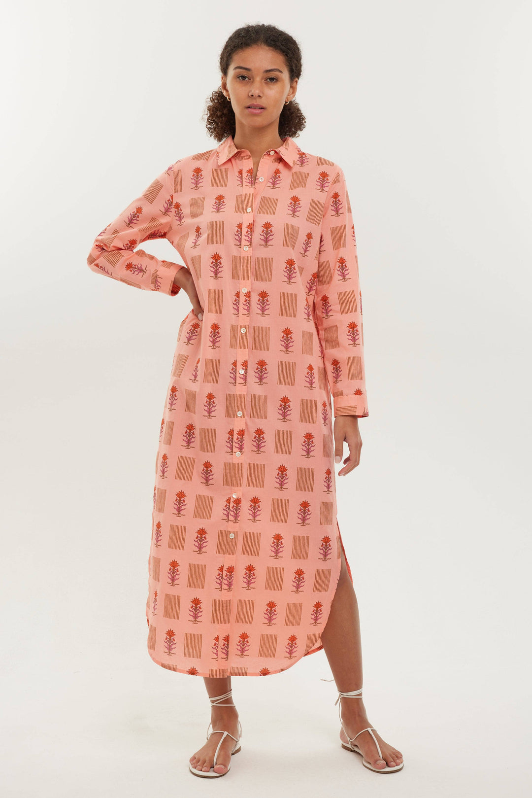 BECASA - Cotton Shirt Dress - Coral Bloom: XS/S