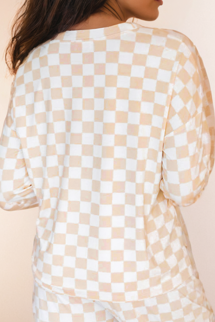 LA Society - Checkered Print Long Sleeve and Pants Set: Beige M