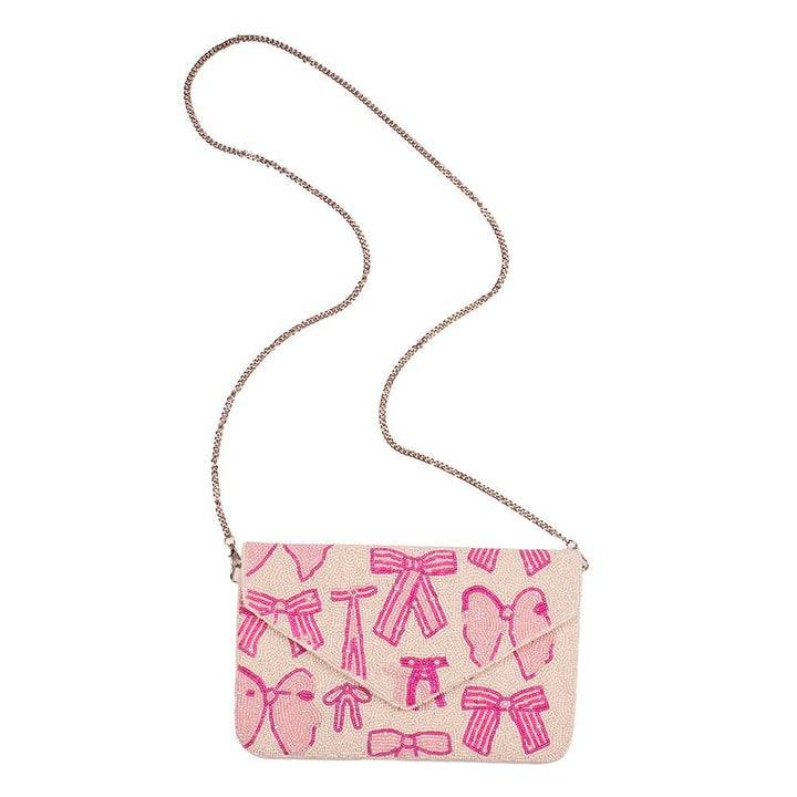 The Royal Standard - Pearl Bow Beaded Clutch   Pink/Pearl   10x6