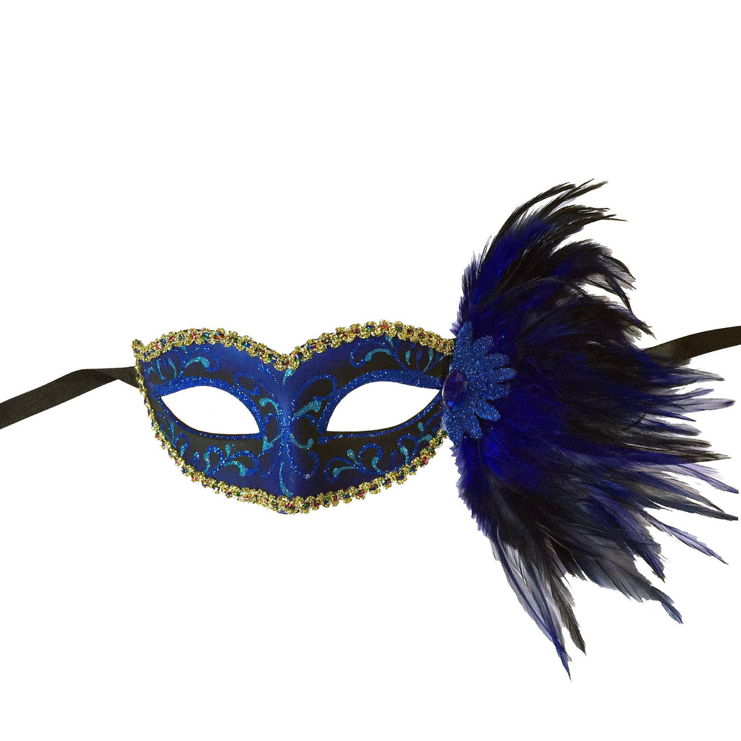 Mardi Gras Creations - Glitter Swirl Eyelet Mask With Side Feathers: Tan
