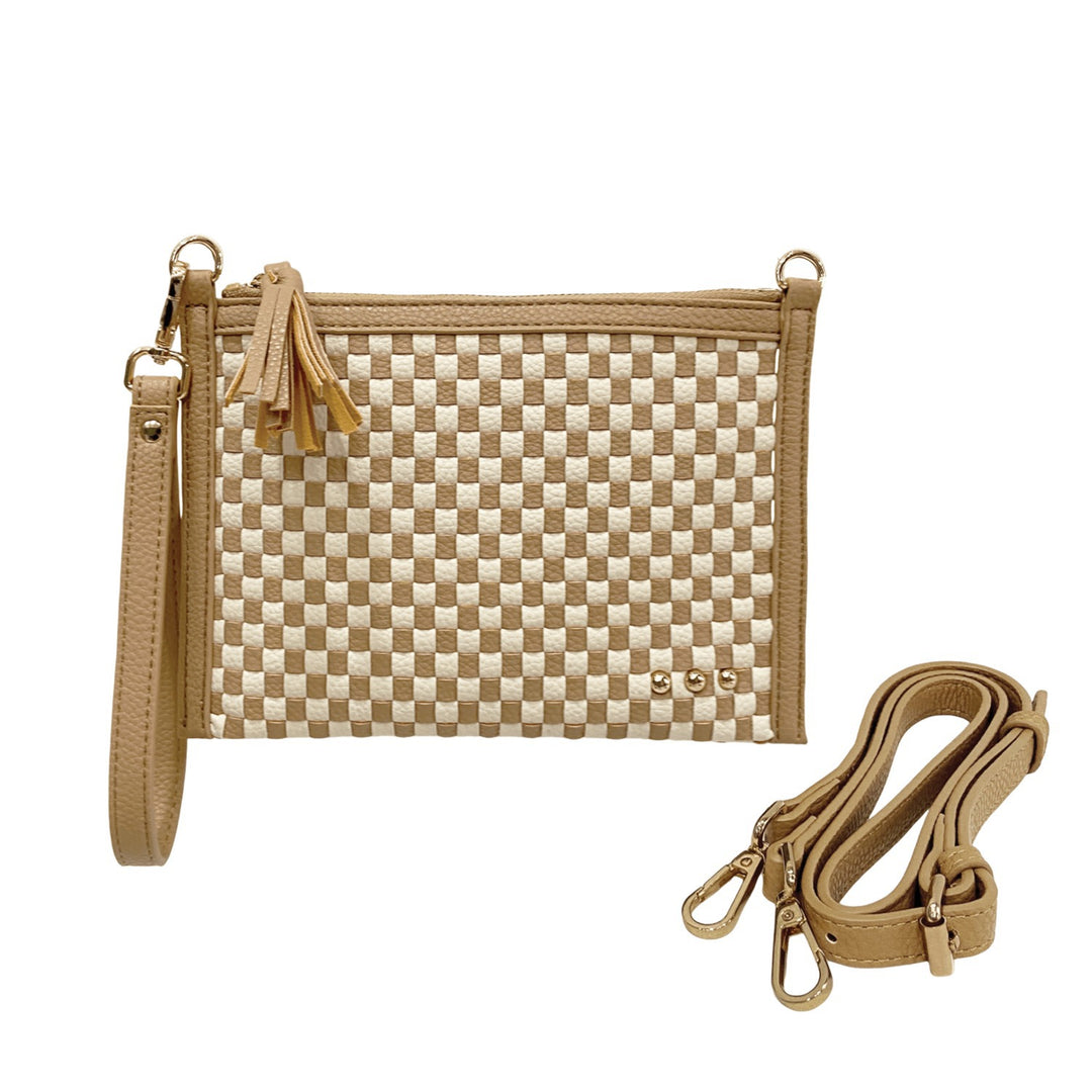 Checkered Tan Veda Woven Crossbody and Clutch Bag