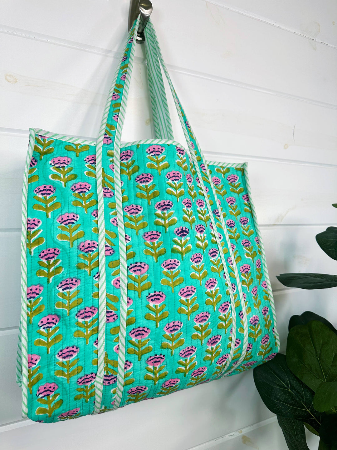 Folklore Couture - Quilted Tote Bag | Aqua Floral Bag | Large Shopping Tote Bag