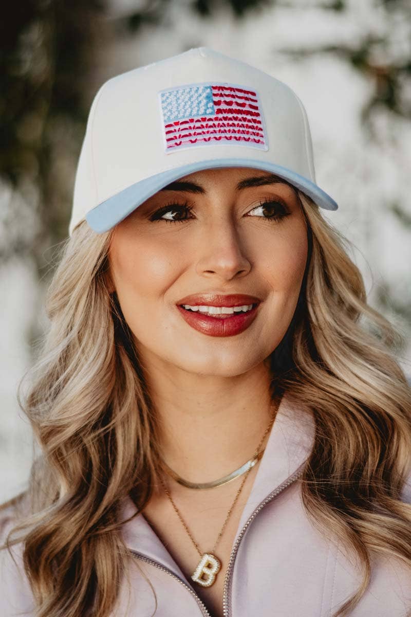 Katydid - American Flag Two-Toned Fitted Hat: Light Blue and Tan