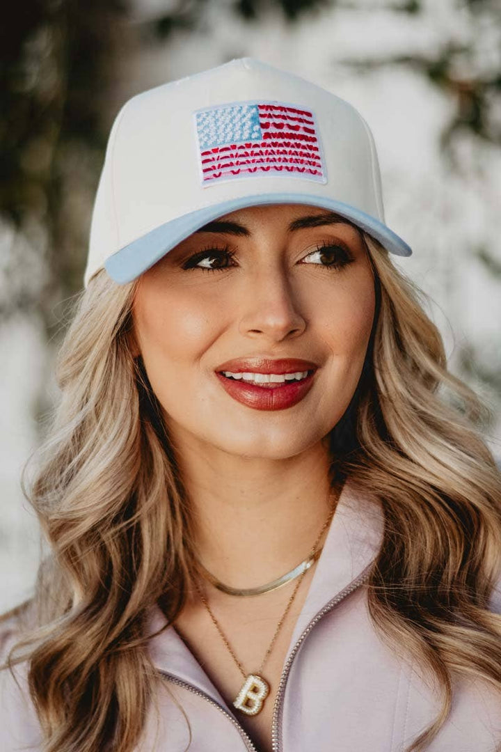 Katydid - American Flag Two-Toned Fitted Hat: Light Blue and Tan