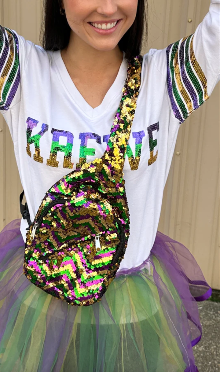 Mardi Gras Creations - Chevron Crossbody Sequin Purple, Green, and Gold Backpack