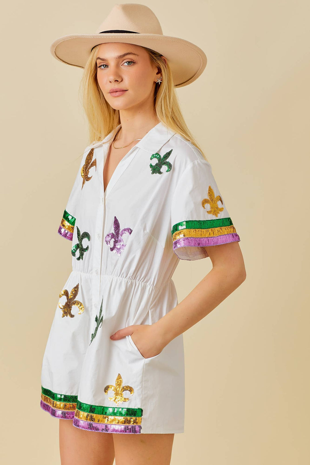 Main Strip - Mardi Gras Sequin Trim Solid Romper: WHITE / M