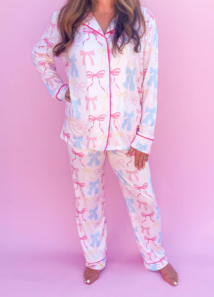 Rock Paper Scissors - Pink Pastel Bows Long Sleeve Loungewear Pajama Set: XS