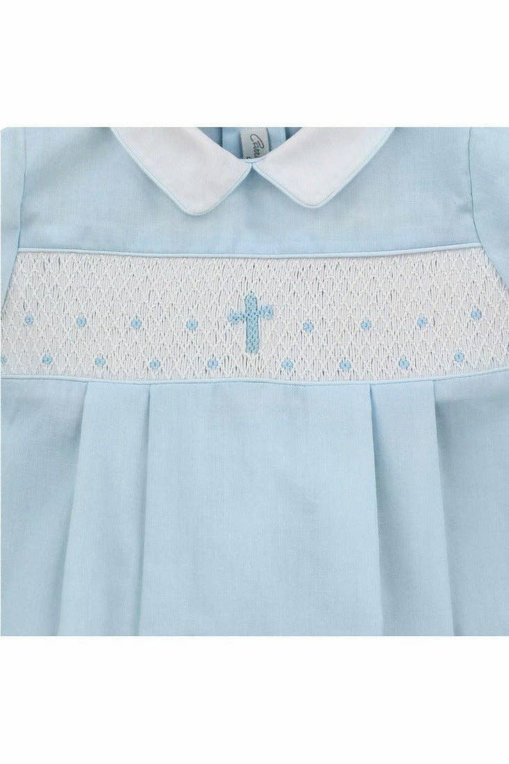 Julius Berger & Carriage Boutique - Boy Christening & Baptism Short Set – Hand Smocked Cross Blue by Carriage Boutique: 6M