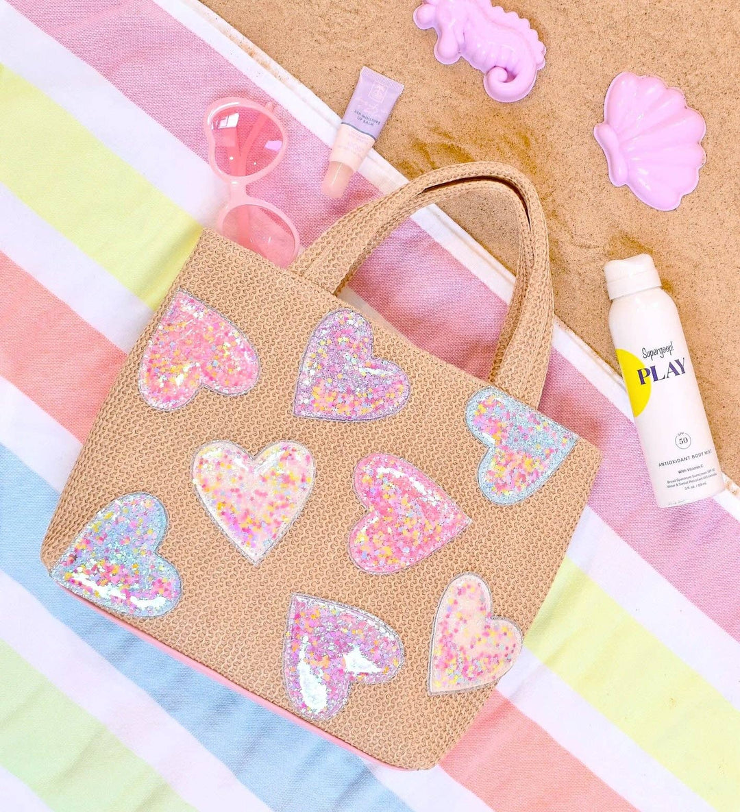 OMG Accessories - Confetti Hearts Straw Mini Tote Bag
