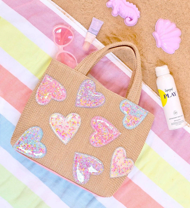 OMG Accessories - Confetti Hearts Straw Mini Tote Bag