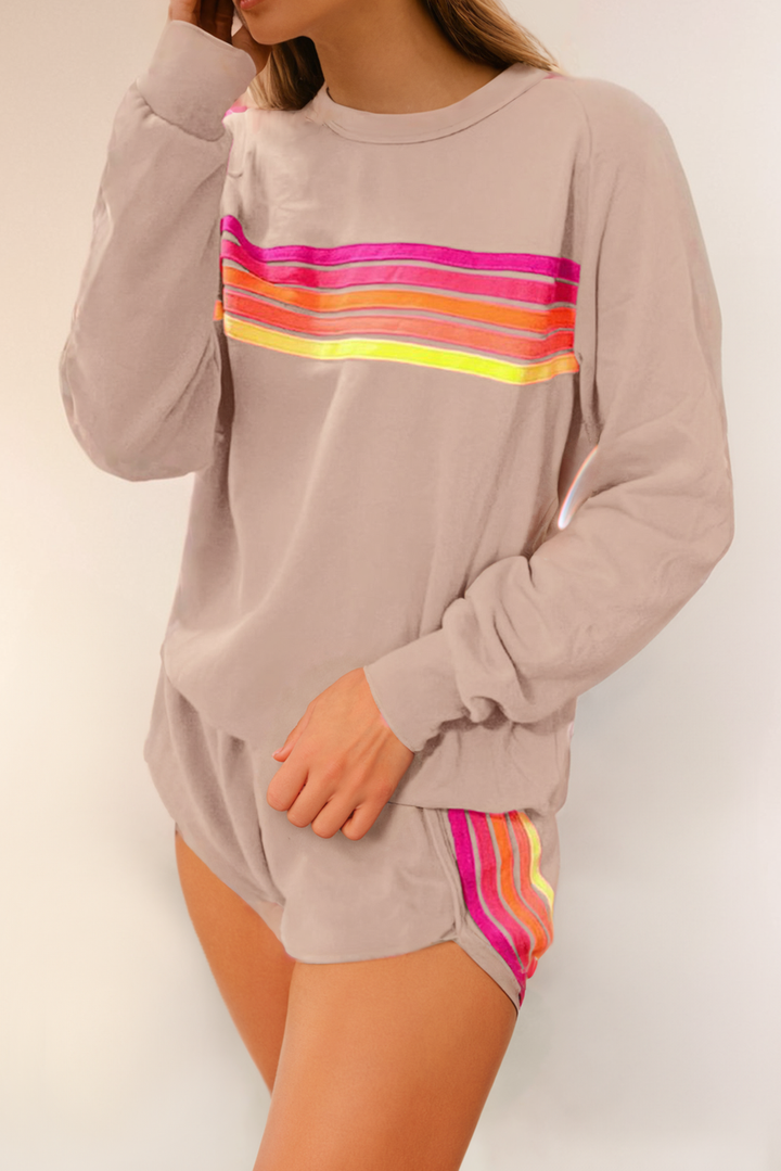 LA Society - Color Contrast Trim Long Sleeve and Shorts Set: Beige M