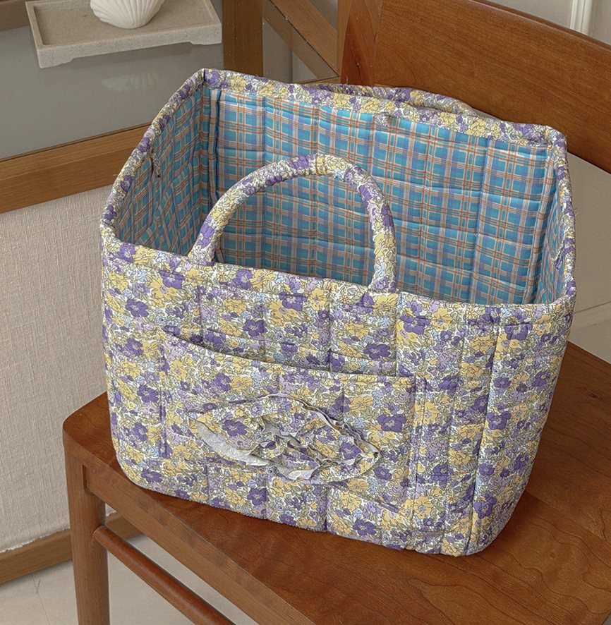 MKS America - Quilted Floral Laundry Basket Foldable Storage Basket: Blue / M