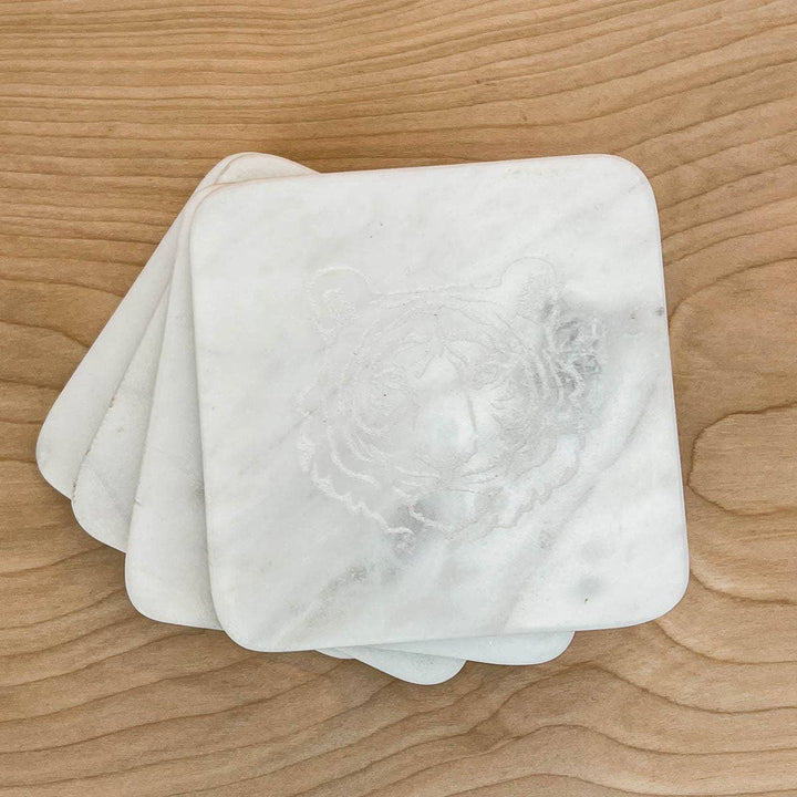 The Royal Standard - Tiger Etched Marble Coasters   White   4x4