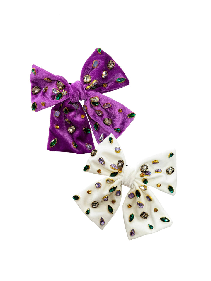 Mardi Gras Creations - Bejeweled Velvet Bow - White