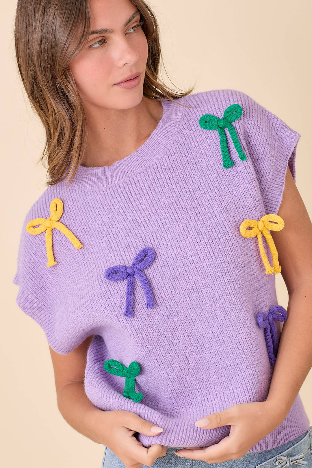 Main Strip - Mardi Gras Ribbon Bow Knit Top: PURPLE / S