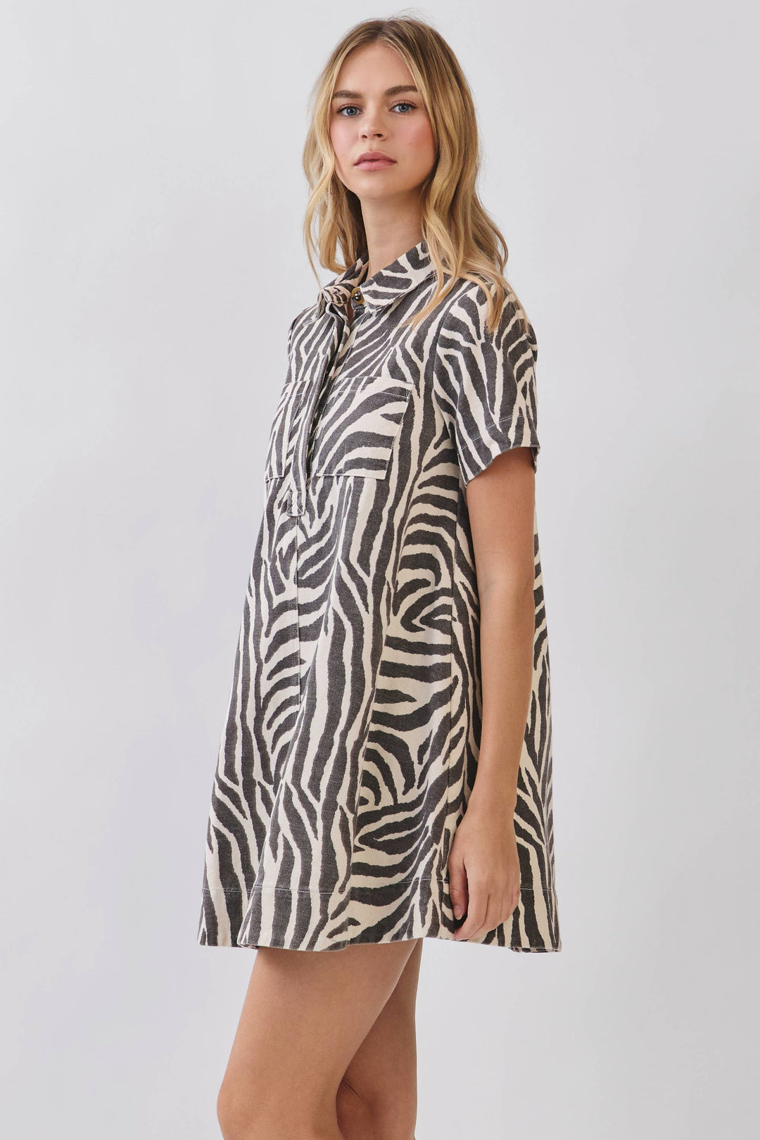 Zebra Print Button Down Collared Mini Dress: CREAM / M