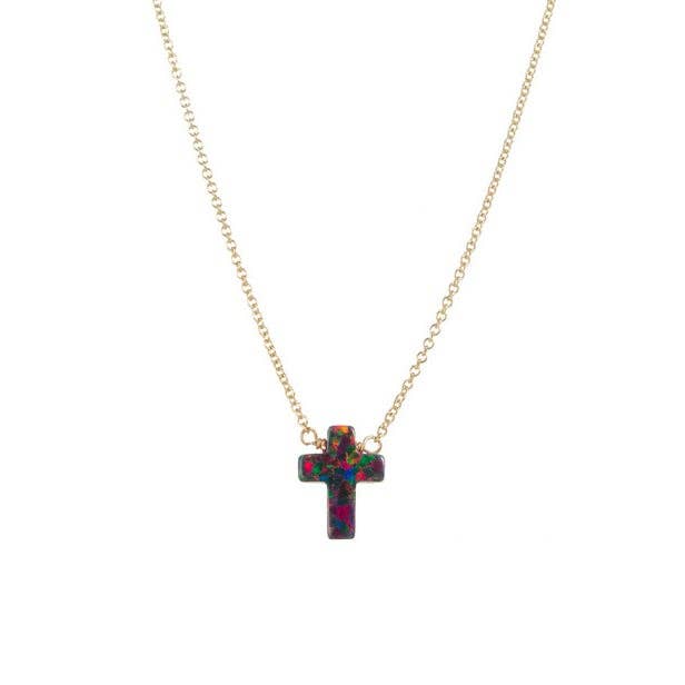bara boheme - "CROSS" Opal Necklace - Small: Bubble gum / 14KG FILLED