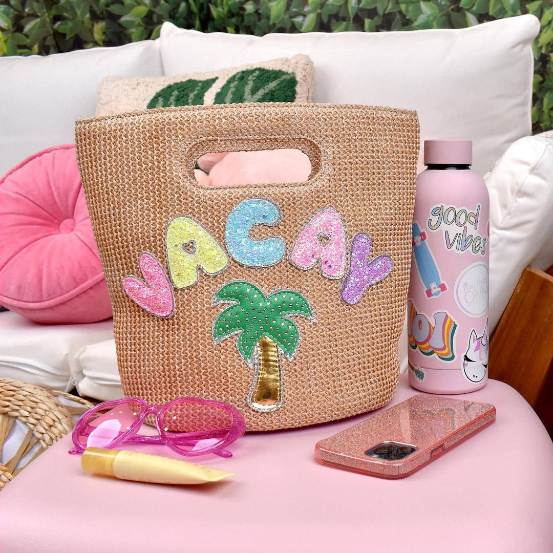 OMG Accessories - 'Vacay' Patched Straw Top-Handle Mini Tote Bag