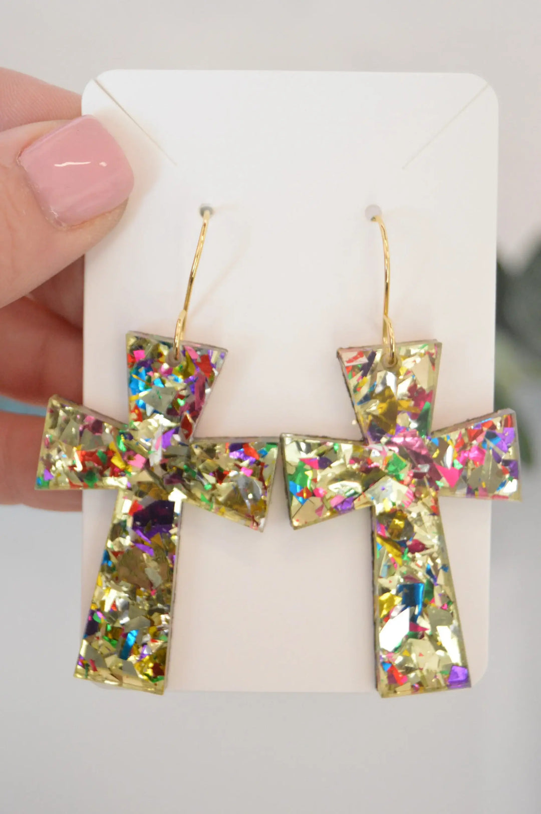 Germanic Cross Confetti Earrings, Gold Confetti Earrings: 2”