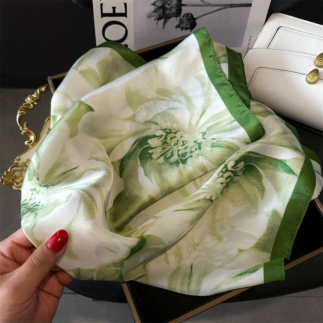 ACCITY - Lotus & Peony Print Satin Square Scarf for Summer_CWASC1429: BLUEORANGE / (OS) 3