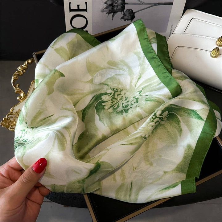 ACCITY - Lotus & Peony Print Satin Square Scarf for Summer_CWASC1429: BLUEORANGE / (OS) 3