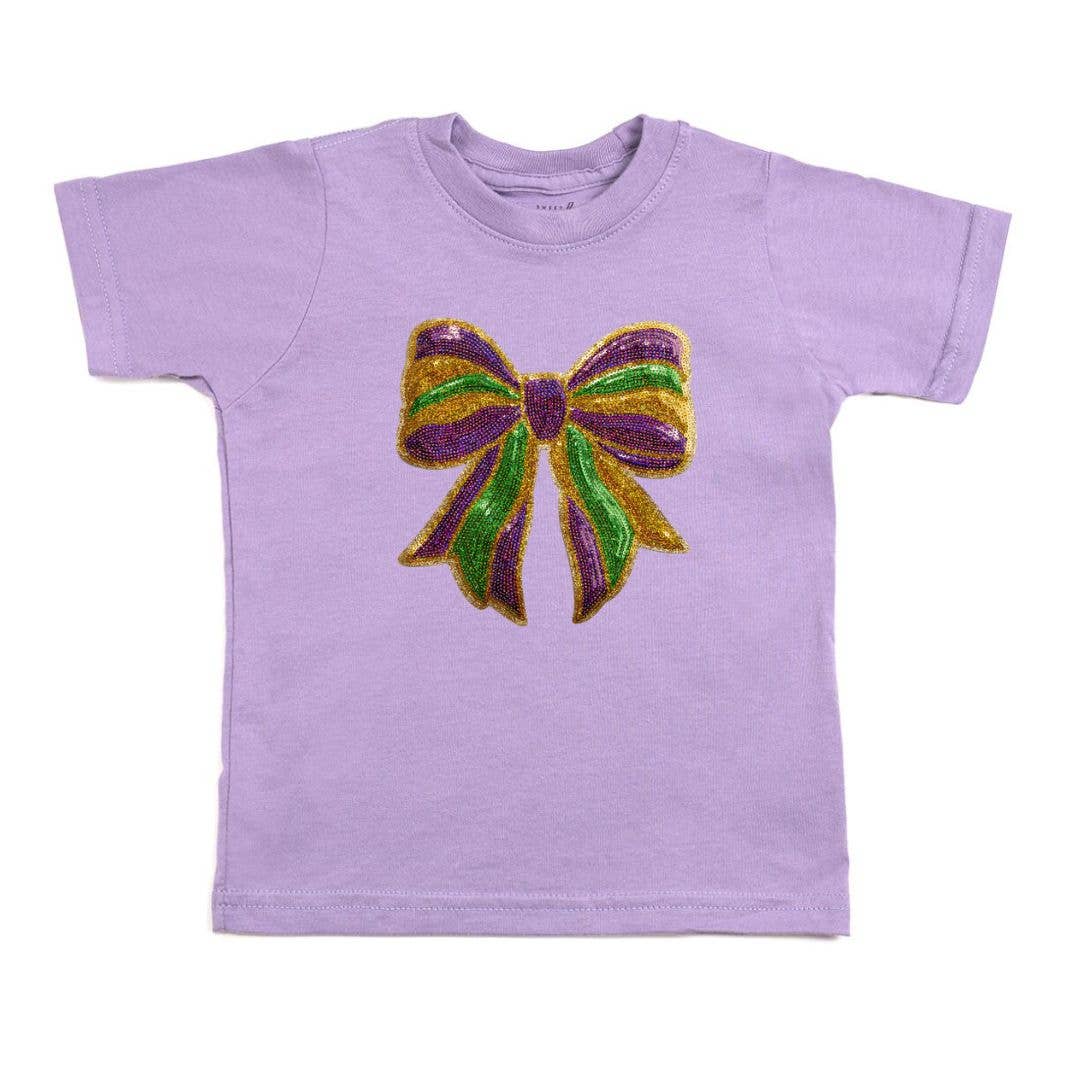 Sweet Wink - Mardi Gras Sequin Bow Patch Short Sleeve T-Shirt - Kids: 3T