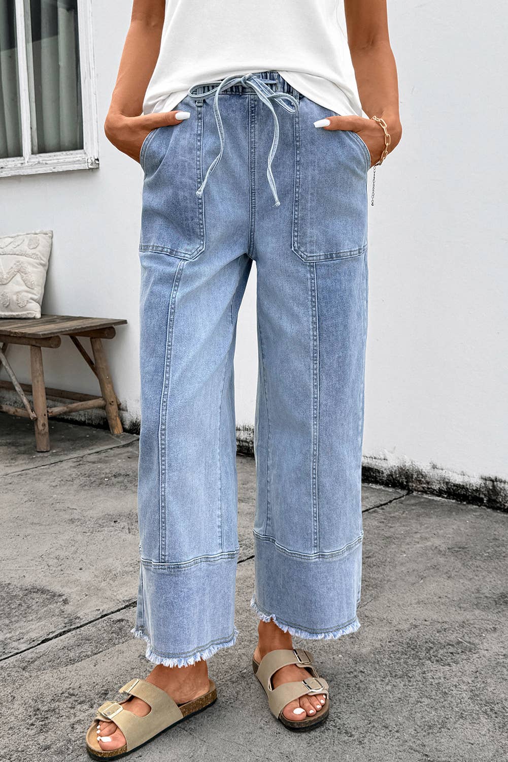 Aapparella - Seam Detail Raw Hem Wide Leg Drawstring Jeans | 4-16: Beau Blue / 12