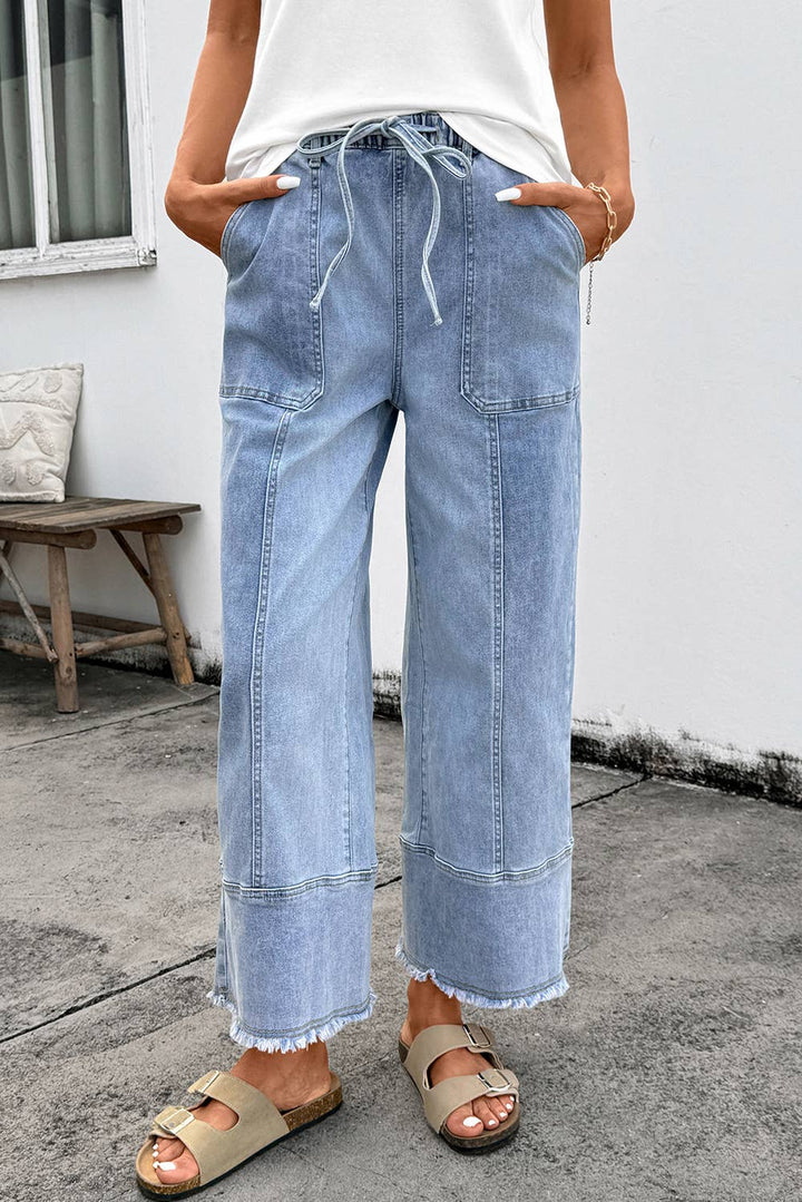 Aapparella - Seam Detail Raw Hem Wide Leg Drawstring Jeans | 4-16: Beau Blue / 12