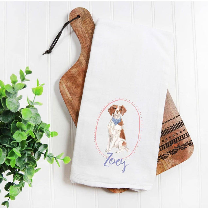 The Preppy Pineapple Home - Brittany Spaniel Flour Sack Tea Towel, Personalized Pet Gift: Captain Hat / Palm Chair