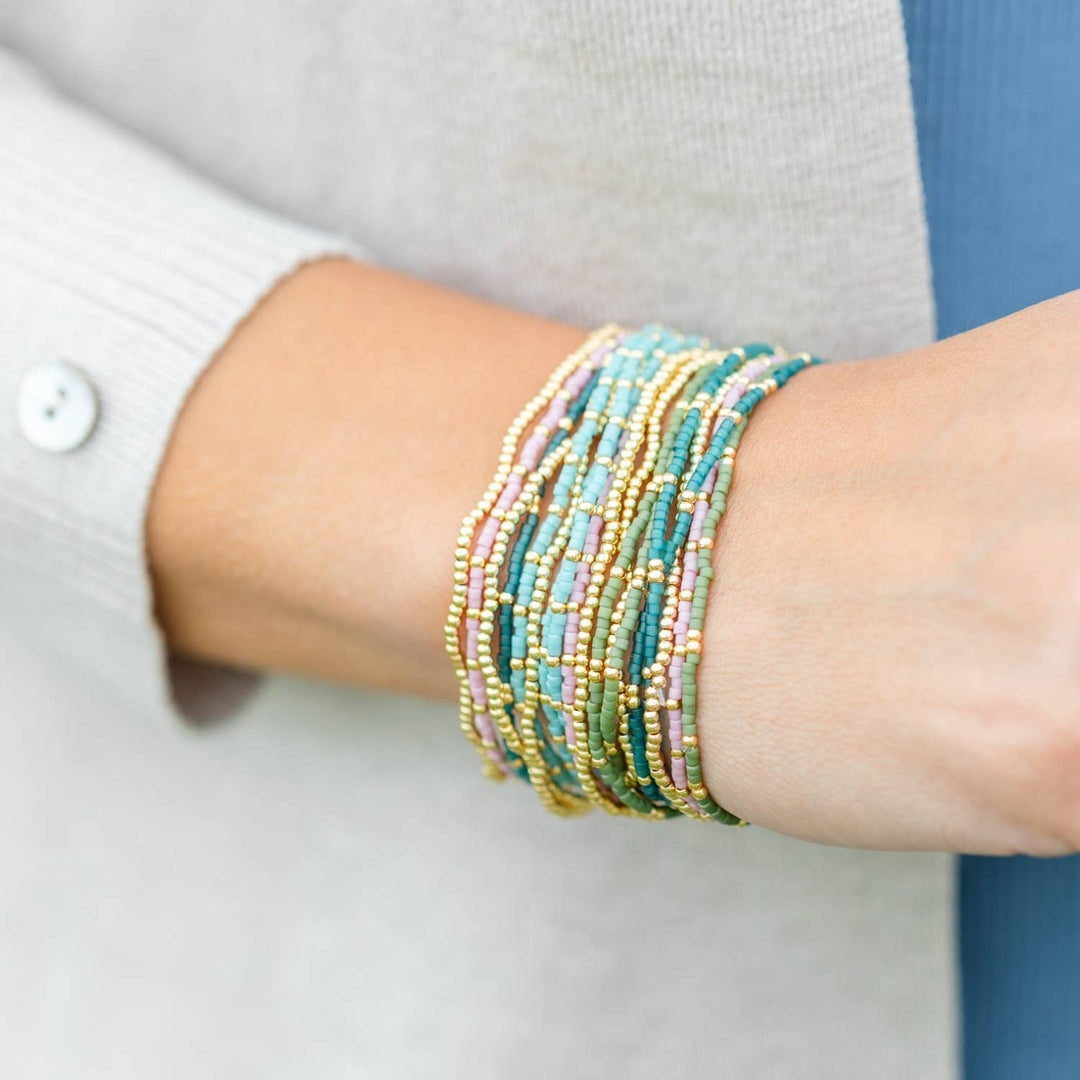 Splendid Iris - Set/12 miyuki delica stretch bracelets: White/Pink/Aqua