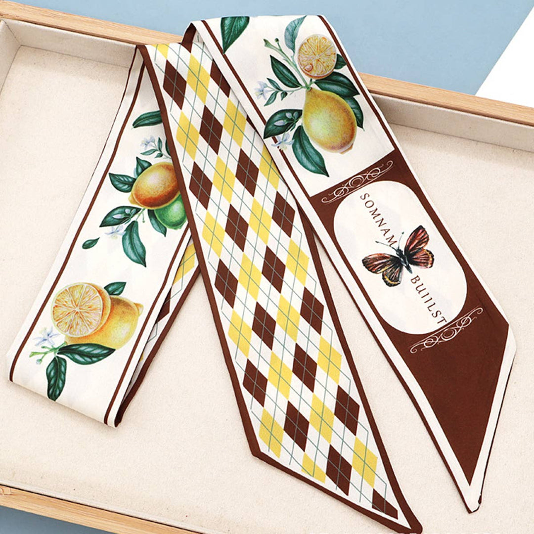 ACCITY - Fruit Print Twilly Scarf – Hair Tie & Bag Ribbon_CWASC0431: Brown / (OS) 10