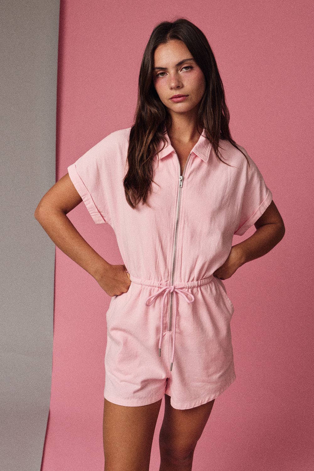 Papermoon - PR19522 - Zip Front Drawstring Romper Relaxed Fit: PINK / S-M-L (3-2-1)