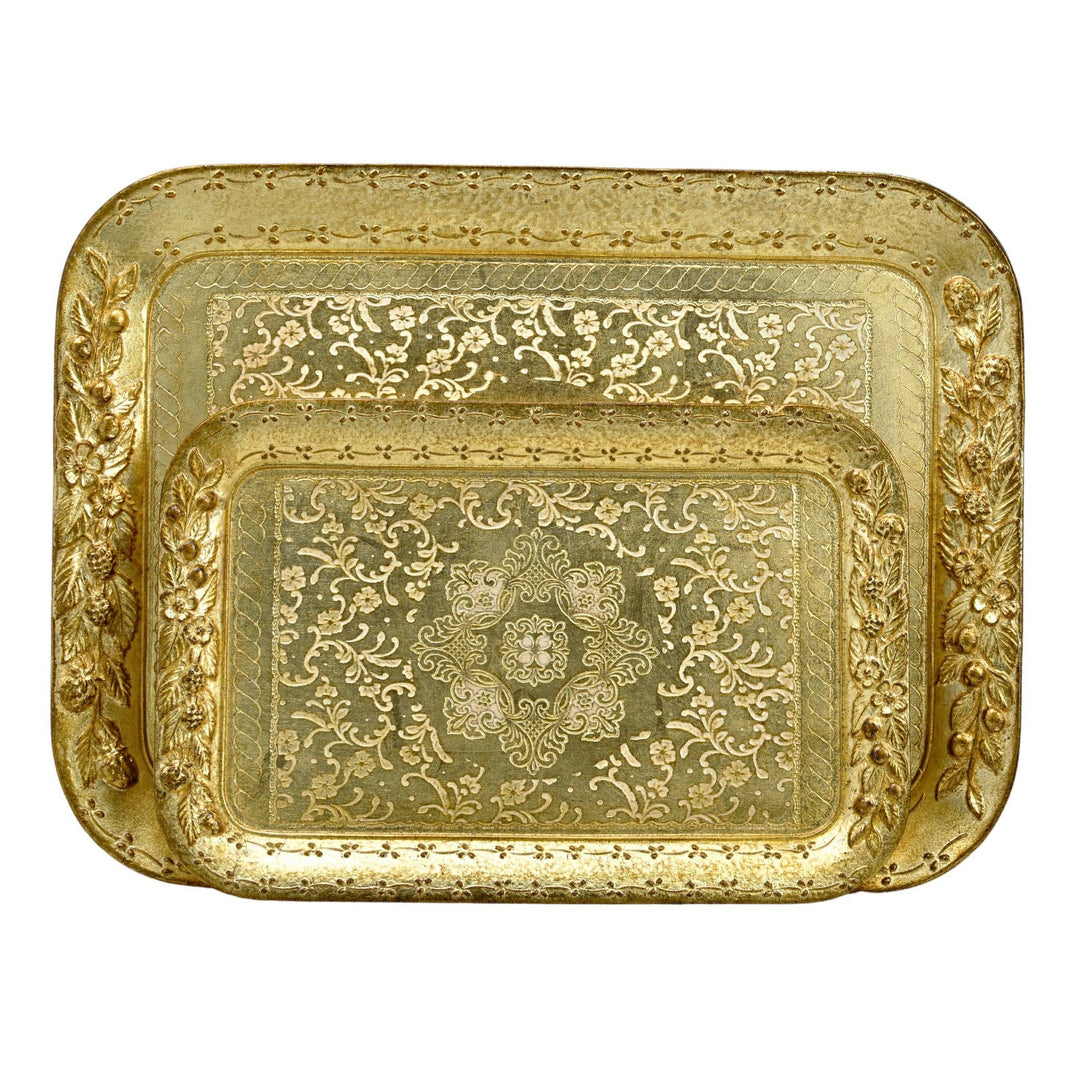 Florentine Wood Rectangle Berry and Botanical Tray, Made in Italy: Cappuccino / Large