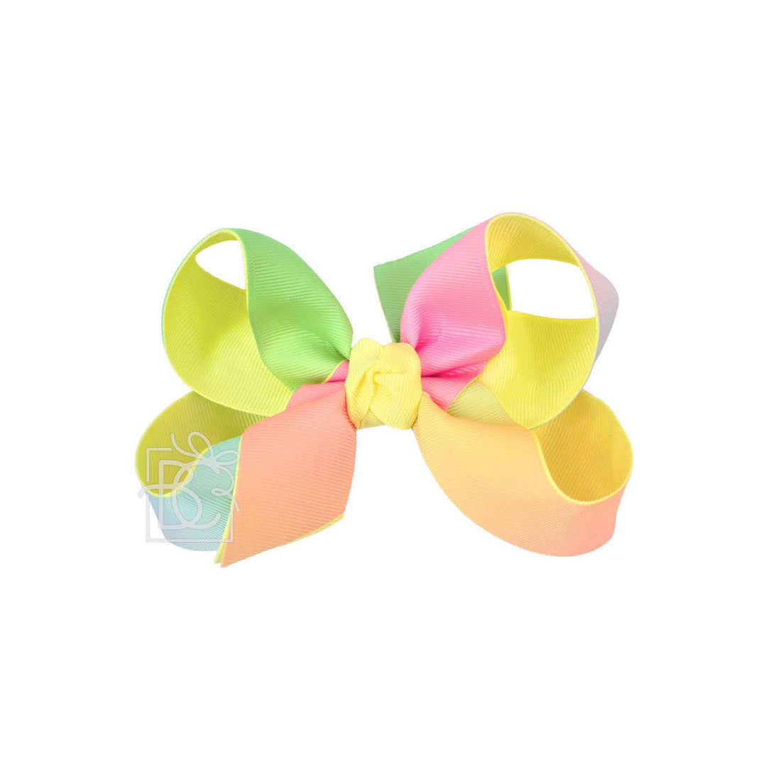 Beyond Creations, LLC - LAYERED RAINBOW BOW ON CLIP: 4" Med/Lg - 7/8" & 7/8" Ribbon on Alligator Clip / SHELL PINK/RAINBOW