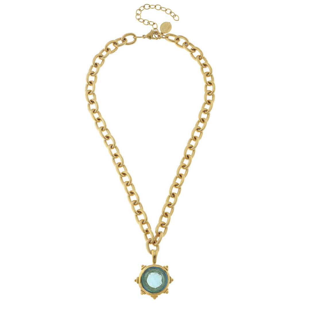 Susan Shaw - Aqua Venetian Small Glass Coin Intaglio on Gold Chain Necklace