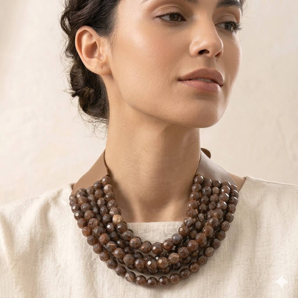 Sensibling Corp. - Chunky Acrylic Bead Layered Faux Leather Magnetic Necklace: Orange
