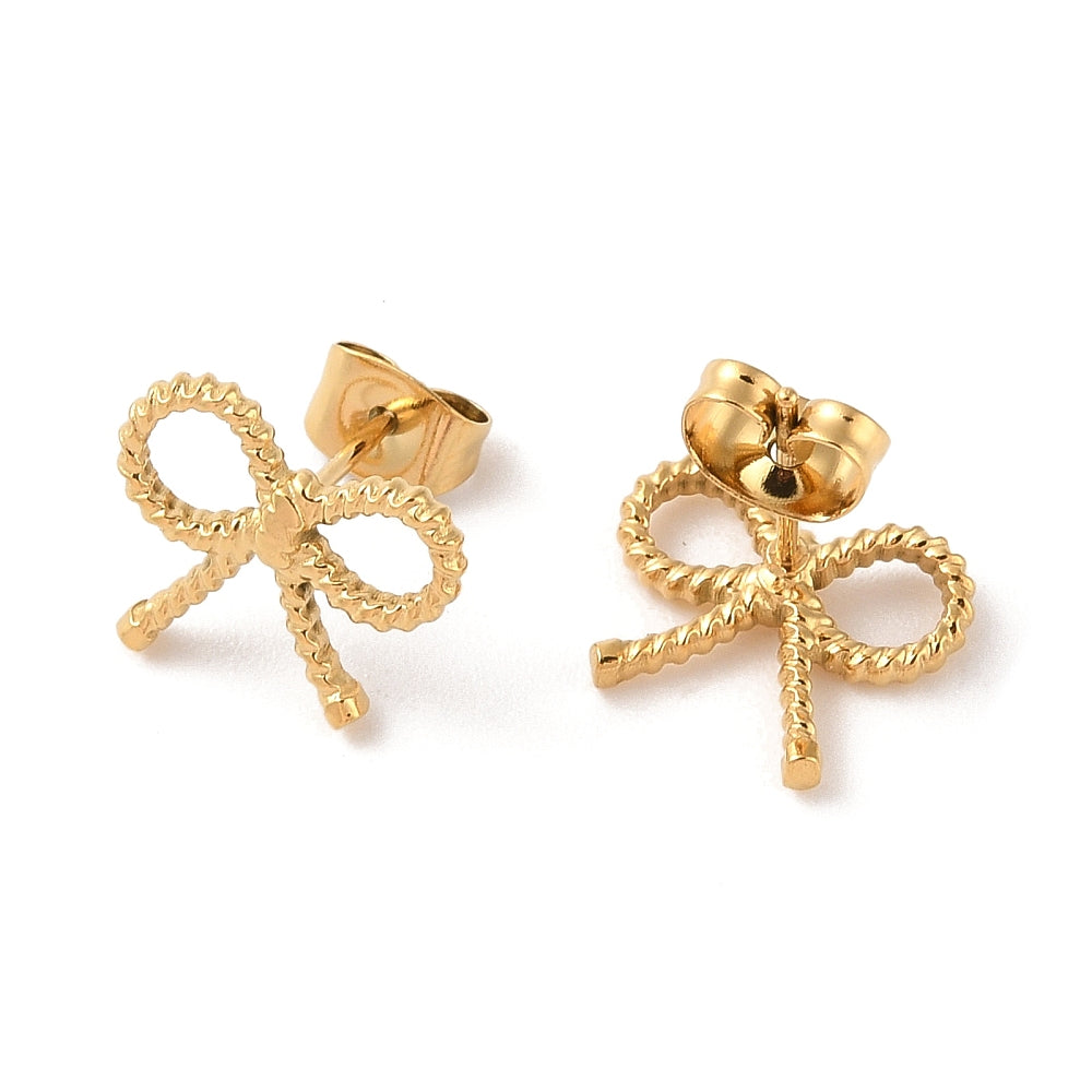 Stainless Steel Stud Earrings, for Women, PVD Vacuum Plating, Bowknot, Golden Size: about 13mm wide, 11mm long.