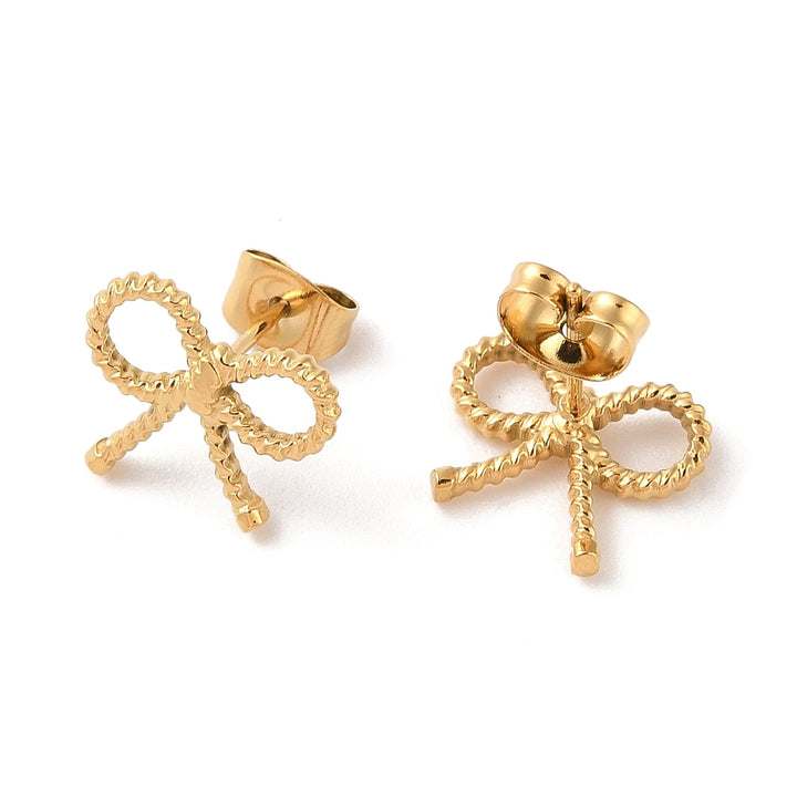 Stainless Steel Stud Earrings, for Women, PVD Vacuum Plating, Bowknot, Golden Size: about 13mm wide, 11mm long.