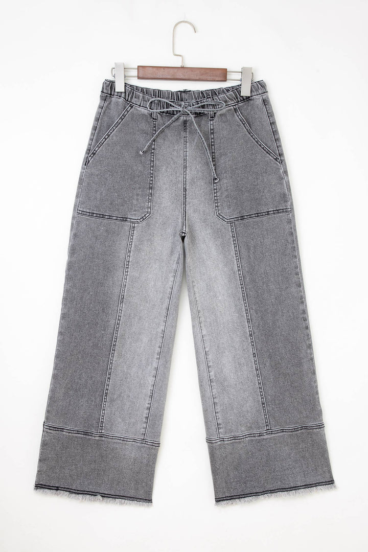 Drawstring Seam Detail Raw Hem Wide Leg Denim Pants: Beau Blue / 4