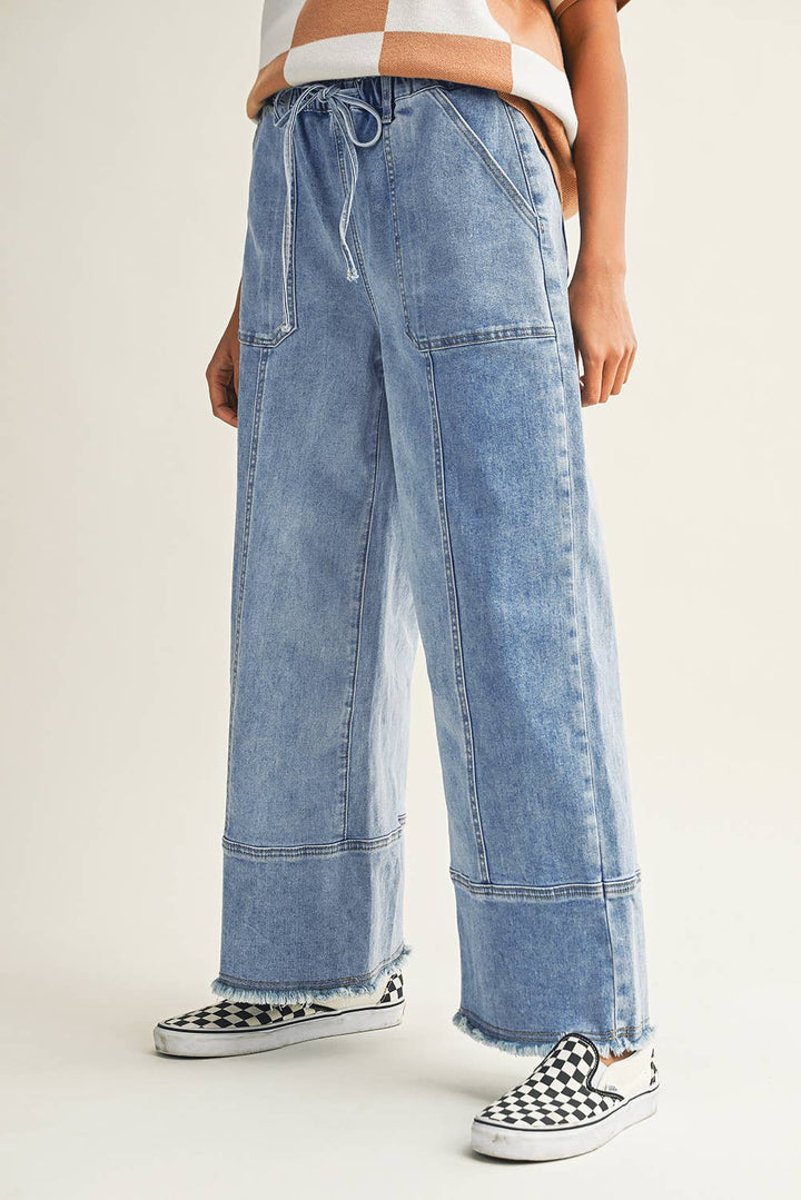 Drawstring Seam Detail Raw Hem Wide Leg Denim Pants: Beau Blue / 10